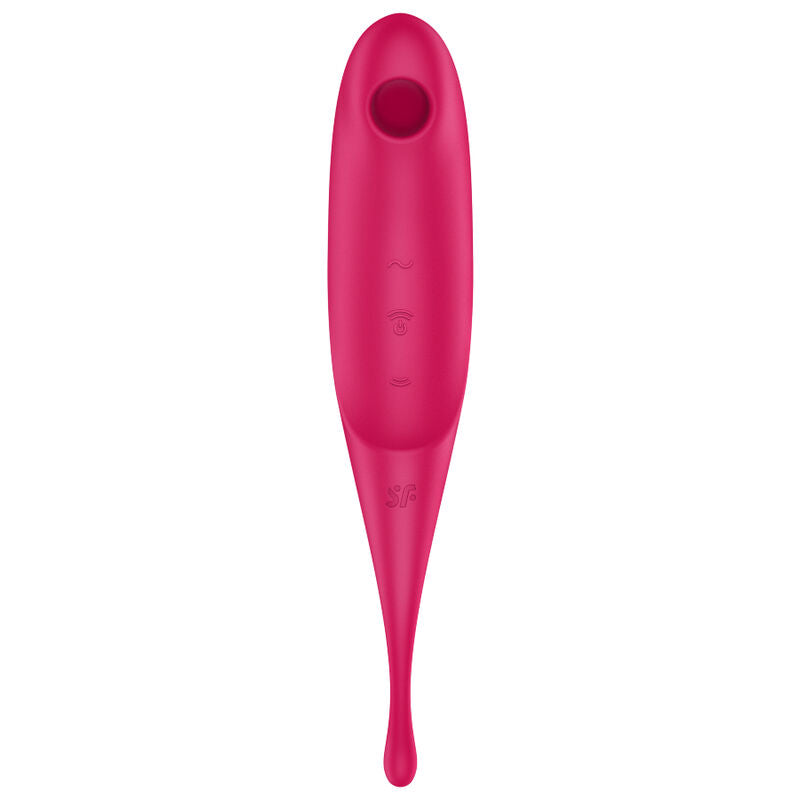 Satisfyer Twirling Pro – pinkfarbener Vibrator mit schlankem, geschwungenem Schaft, ovaler Stimulationsöffnung und glatter Oberfläche in aufrechter Vorderansicht auf weißem Hintergrund – erhältlich bei Evoria Care