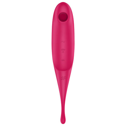 Satisfyer Twirling Pro – pinkfarbener Vibrator mit schlankem, geschwungenem Schaft, ovaler Stimulationsöffnung und glatter Oberfläche in aufrechter Vorderansicht auf weißem Hintergrund – erhältlich bei Evoria Care