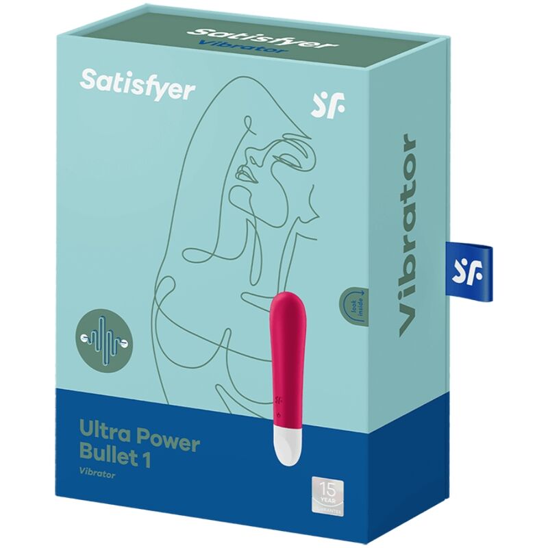 Satisfyer Ultra Power Bullet 1 – türkis-blaue Originalverpackung des pinkfarbenen Bullet-Vibrators mit Satisfyer Markenlogo, Produktabbildung und aufgedruckten Produktinformationen in schräger Ansicht auf weißem Hintergrund – erhältlich bei Evoria Care