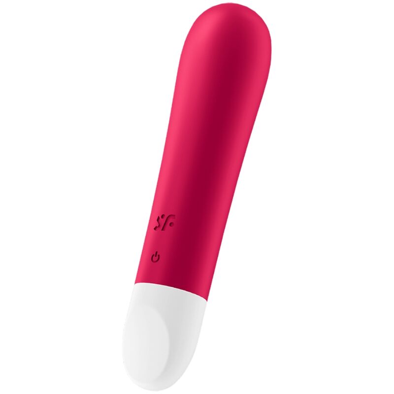 Satisfyer Ultra Power Bullet 1 – schlanker pinkfarbener Bullet-Vibrator mit abgerundeter Spitze, glatter Oberfläche, dezenten Bedientasten und weißem Griffende in schräger Produktansicht auf weißem Hintergrund – erhältlich bei Evoria Care