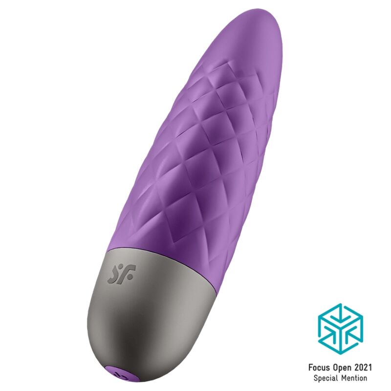 Satisfyer Ultra Power Bullet 5 – lilafarbener Bullet-Vibrator mit strukturierter, wellenförmiger Oberfläche, abgerundeter Spitze und silbergrauem Griffbereich in schräger Produktansicht auf weißem Hintergrund – erhältlich bei Evoria Care