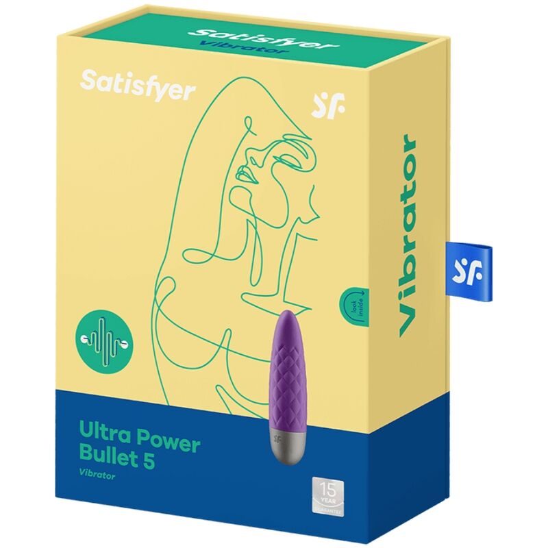 Satisfyer Ultra Power Bullet 5 – grün-gelbe Originalverpackung des strukturierten Bullet-Vibrators mit Produktabbildung, Satisfyer Markenlogo und blauem unteren Verpackungsbereich in schräger Ansicht – erhältlich bei Evoria Care