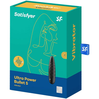 Satisfyer Ultra Power Bullet 5 – türkis-gelbe Originalverpackung des Bullet-Vibrators mit Satisfyer Markenlogo, Produktinformationen und blauem unteren Verpackungsbereich in schräger Rückansicht auf weißem Hintergrund – erhältlich bei Evoria Care