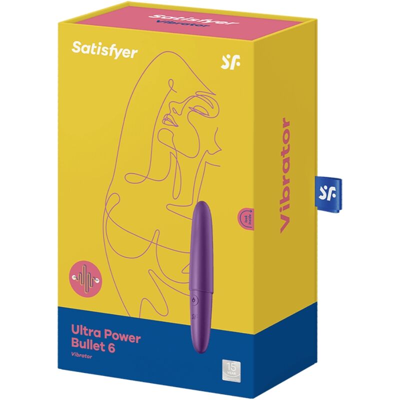 Satisfyer Ultra Power Bullet 6 – gelb-blaue Originalverpackung des Bullet-Vibrators mit aufgedruckten Produktinformationen und Satisfyer Markenlogo in schräger Rückansicht – erhältlich bei Evoria Care