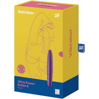 Satisfyer Ultra Power Bullet 6 – gelb-blaue Originalverpackung des Bullet-Vibrators mit aufgedruckten Produktinformationen und Satisfyer Markenlogo in schräger Rückansicht – erhältlich bei Evoria Care