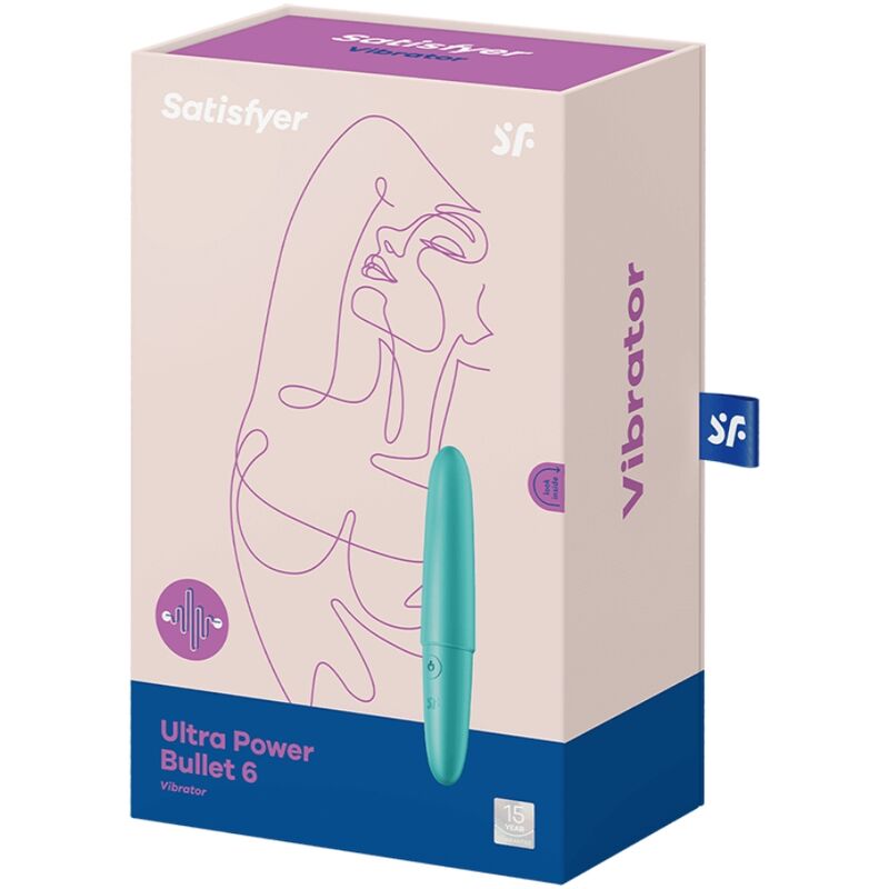 Satisfyer Ultra Power Bullet 6 – hellrosa-blaue Originalverpackung des Bullet-Vibrators mit Produktabbildung und Satisfyer Markenlogo in schräger Ansicht auf weißem Hintergrund – erhältlich bei Evoria Care