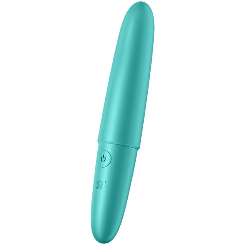 Satisfyer Ultra Power Bullet 6 – schlanker türkisfarbener Bullet-Vibrator mit abgerundeter Spitze, glatter Oberfläche und dezentem Bedienelement in aufrechter Vorderansicht auf weißem Hintergrund – erhältlich bei Evoria Care