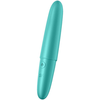 Satisfyer Ultra Power Bullet 6 – schlanker türkisfarbener Bullet-Vibrator mit abgerundeter Spitze, glatter Oberfläche und dezentem Bedienelement in aufrechter Vorderansicht auf weißem Hintergrund – erhältlich bei Evoria Care