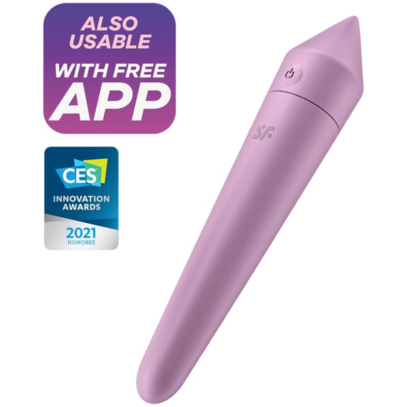 Satisfyer Ultra Power Bullet 8 – schlanker lilafarbener Bullet-Vibrator mit konisch zulaufender Spitze, seitlichen Bedienelementen und Hinweis auf die App-Steuerung in schräger Produktansicht auf weißem Hintergrund – erhältlich bei Evoria Care