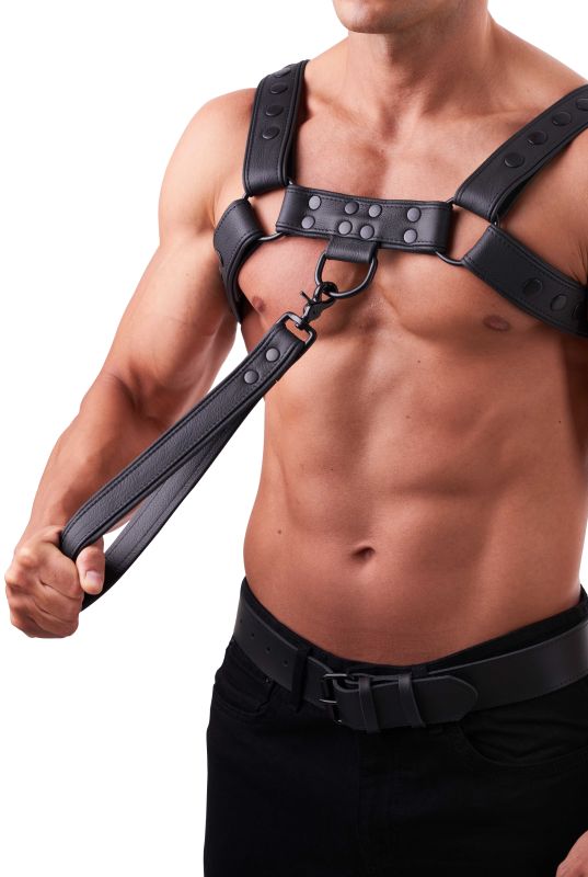 SAXOS Soft Leder Leine – schwarze Leder-Kurzleine mit Karabiner in einer Anwendungsansicht an einem schwarzen Harness am männlichen Oberkörper – erhältlich bei Evoria Care