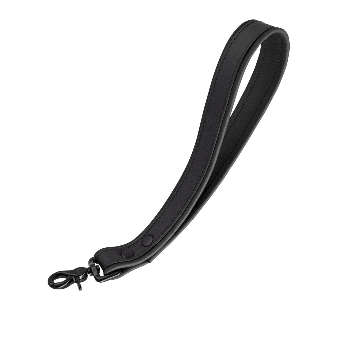 SAXOS Soft Leder Leine – schwarze Kurzleine aus weichem Leder mit breiter Handschlaufe, Metallkarabiner und silberfarbenen Verbindungselementen in großer Produktansicht – erhältlich bei Evoria Care