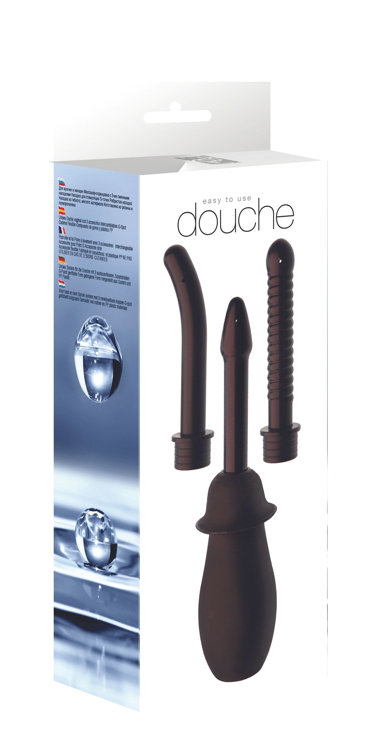 Seven Creations Anal Douche Kit – weitere Verpackungsansicht der Analdusche mit schwarzem Pumpball und drei Aufsätzen – erhältlich bei Evoria Care