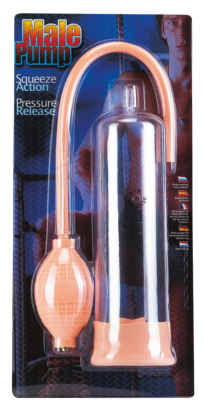 Seven Creations Male Pump – blau-schwarze Originalverpackung mit transparenter Sichtfront, orangefarbenen Details und sichtbarer Penispumpe mit Vakuumzylinder und Pumpball – erhältlich bei Evoria Care