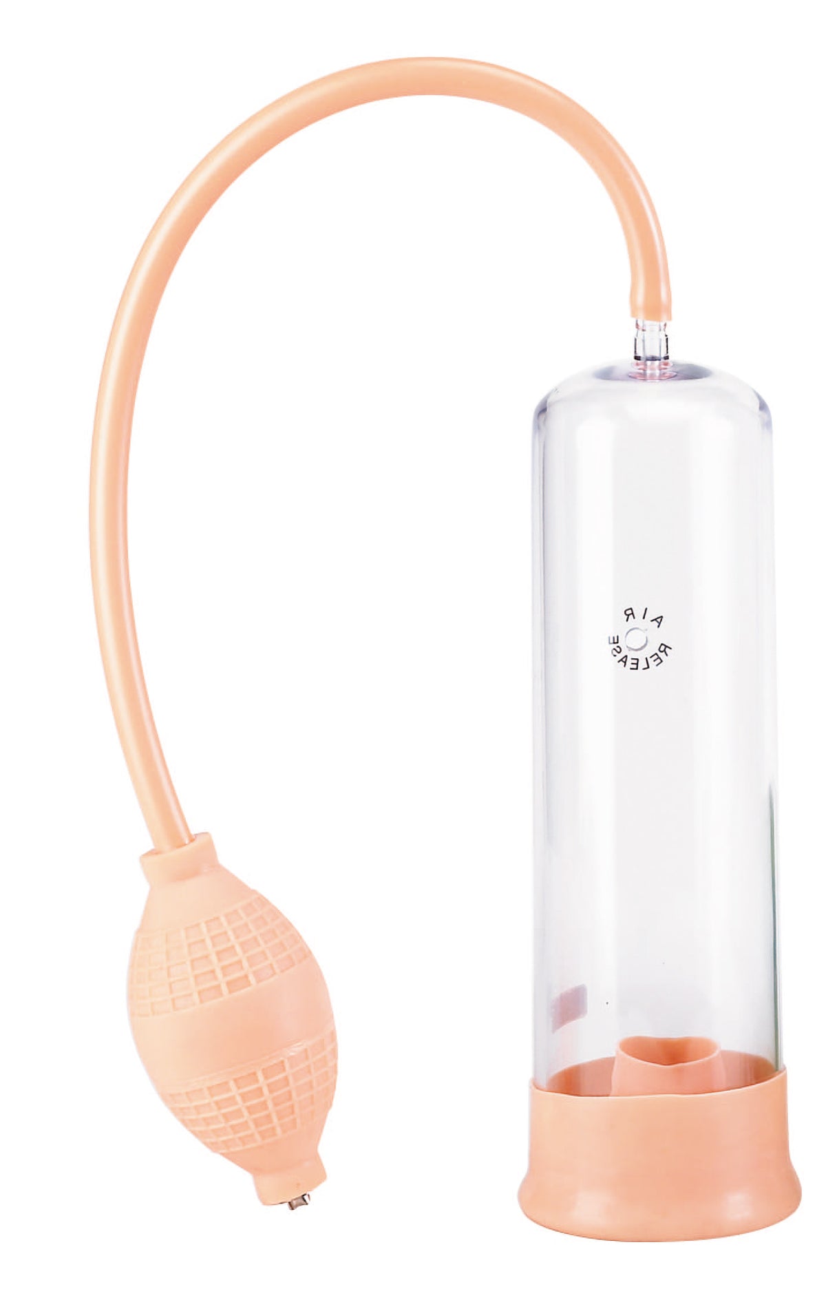 Seven Creations Male Pump – transparente Penispumpe mit zylindrischem Pumpkörper, orangefarbenem Verbindungsschlauch, manuellem Pumpball und breitem Standfuß auf weißem Hintergrund – erhältlich bei Evoria Care