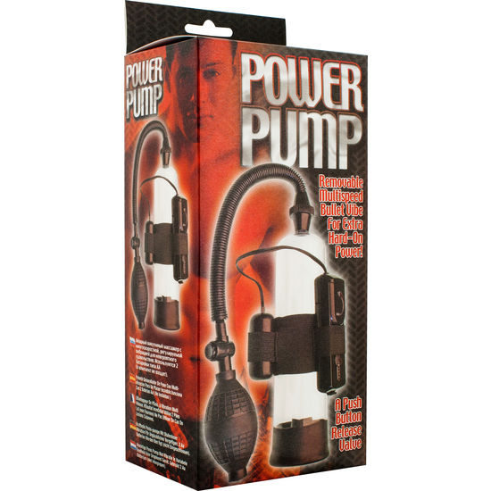 Seven Creations Power Pump – Originalverpackung der Penispumpe mit Vibration in Schwarz, Rot und Silber mit Produktabbildung und Markenbeschriftung – erhältlich bei Evoria Care