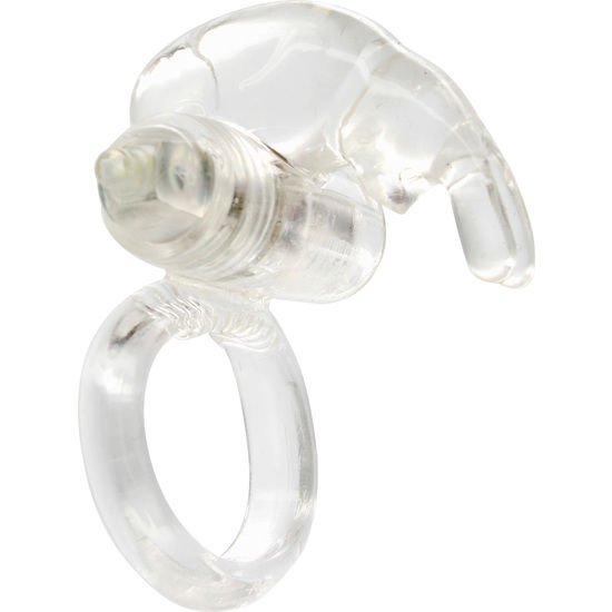 Seven Creations Rabbit Cockring – transparenter Vibrationsring mit flexibler Ringschlaufe, kompaktem Vibrationsmodul und mehreren abgerundeten Stimulationsfortsätzen in schräger Produktansicht auf weißem Hintergrund – erhältlich bei Evoria Care