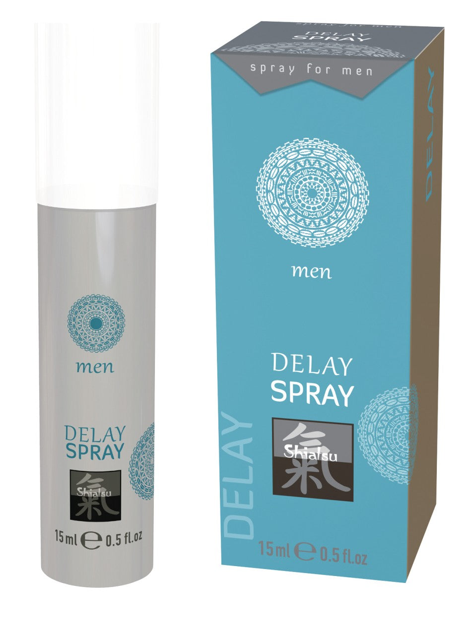 SHIATSU Delay Spray – kühlendes Verzögerungsspray für Männer in einer weißen Sprühflasche mit transparentem Schutzdeckel, türkisfarbenem Etikett und schwarzer Produktbeschriftung, neben der türkis-grauen Originalverpackung mit weißem kreisförmigem Grafikmotiv und Delay Spray Schriftzug auf weißem Hintergrund – erhältlich bei Evoria Care