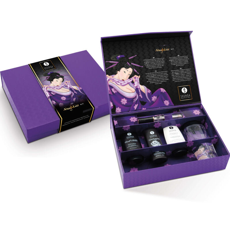 SHUNGA Naughtier Kit – geöffnete violette Geschenkbox mit schwarzem Inneneinsatz und mehreren enthaltenen Pflegeprodukten in schräger Draufsicht – erhältlich bei Evoria Care