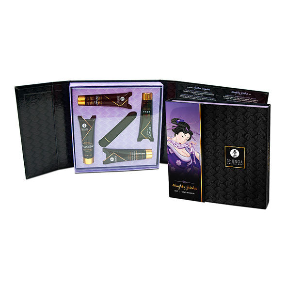 SHUNGA Naughty Geisha Kit – geöffnete schwarze Geschenkbox mit violettem Geisha-Design, sichtbarem Innenbereich und dekorativer Produktpräsentation in schräger Ansicht auf weißem Hintergrund – erhältlich bei Evoria Care