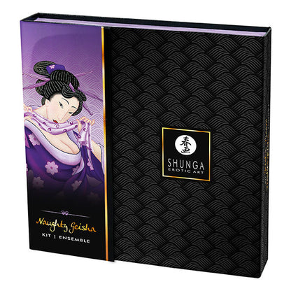 SHUNGA Naughty Geisha Kit – schwarze rechteckige Luxus-Geschenkbox mit violettem Geisha-Motiv, dekorativem Muster und goldenem SHUNGA Emblem in frontaler Produktansicht – erhältlich bei Evoria Care