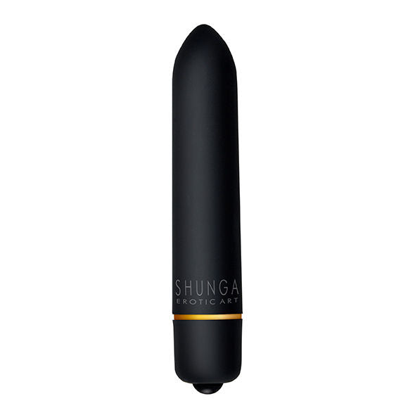 SHUNGA Naughty Geisha Kit – schlanker schwarzer Mini-Vibrator mit abgerundeter Spitze und goldfarbenem Ring am unteren Ende in aufrechter Einzelansicht auf weißem Hintergrund – erhältlich bei Evoria Care