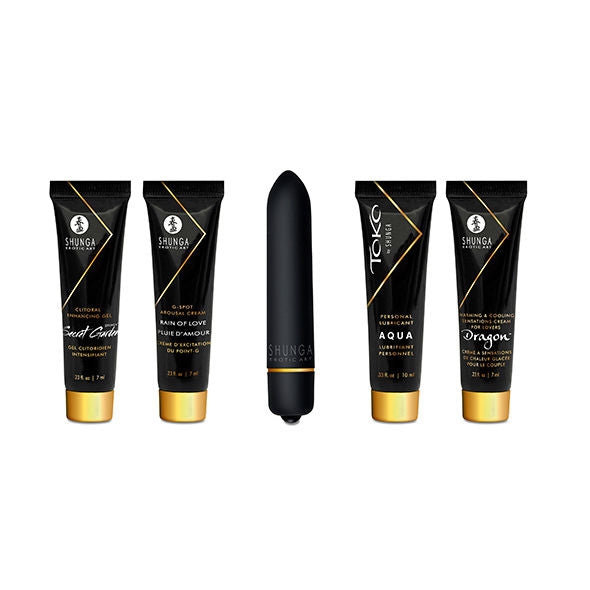 SHUNGA Naughty Geisha Kit – vier kleine schwarze Pflegetuben mit goldfarbenen Verschlüssen und unterschiedlichen Produktbeschriftungen nebeneinander auf weißem Hintergrund dargestellt – erhältlich bei Evoria Care