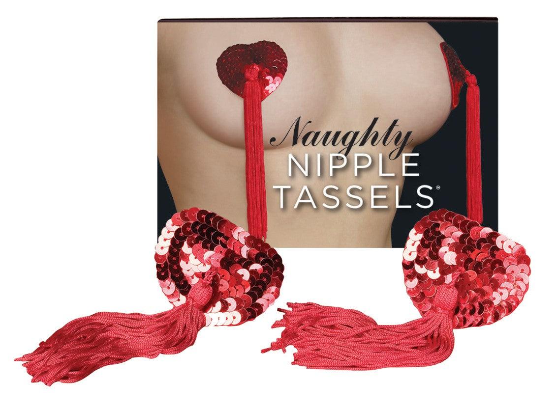 Spencer & Fleetwood Burlesque Nipple Tassels – herzförmiger Brustwarzenschmuck mit roten glitzernden Pailletten und langen roten Quasten, als Paar vor der Originalverpackung mit Burlesque Nipple Tassels Schriftzug auf weißem Hintergrund dargestellt – erhältlich bei Evoria Care