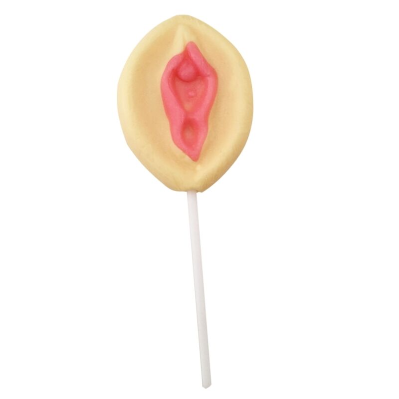 Spencer & Fleetwood Candy Pussy – ovaler Lutscher mit rosafarbenem Vulva-Motiv, hellgelbem Rand und langem weißem Stiel in aufrechter Gesamtansicht auf weißem Hintergrund – erhältlich bei Evoria Care