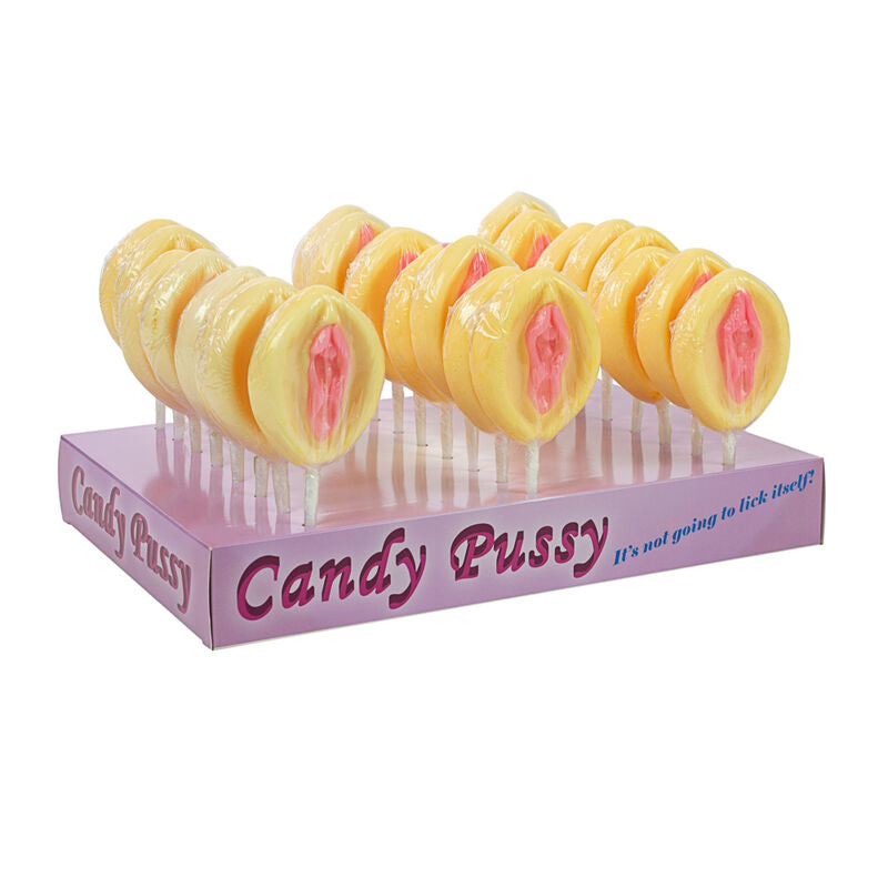 Spencer & Fleetwood Candy Pussy – Verkaufsdisplay mit mehreren gelb-rosafarbenen Vulva-Lutschern auf weißen Stielen, nebeneinander in einer dekorativen Präsentationsbox angeordnet – erhältlich bei Evoria Care