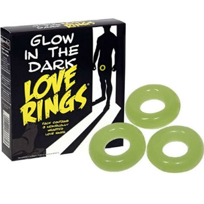 Spencer & Fleetwood Glow Love Rings – schwarze Produktverpackung mit auffälliger gelb-grüner Glow Love Rings Beschriftung neben drei hellgrünen elastischen Penisringen mit unterschiedlich großen Ringöffnungen auf weißem Hintergrund – erhältlich bei Evoria Care