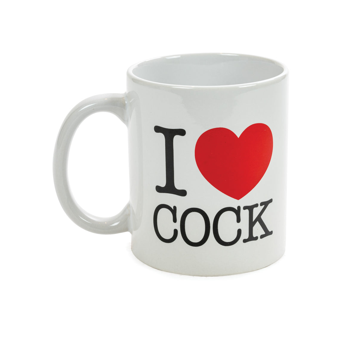 Spencer & Fleetwood I Love Cock – weiße Kaffeetasse mit großem rotem Herz anstelle des Wortes Love, schwarzem I COCK Schriftzug und seitlichem Henkel in frontaler Produktansicht auf weißem Hintergrund – erhältlich bei Evoria Care