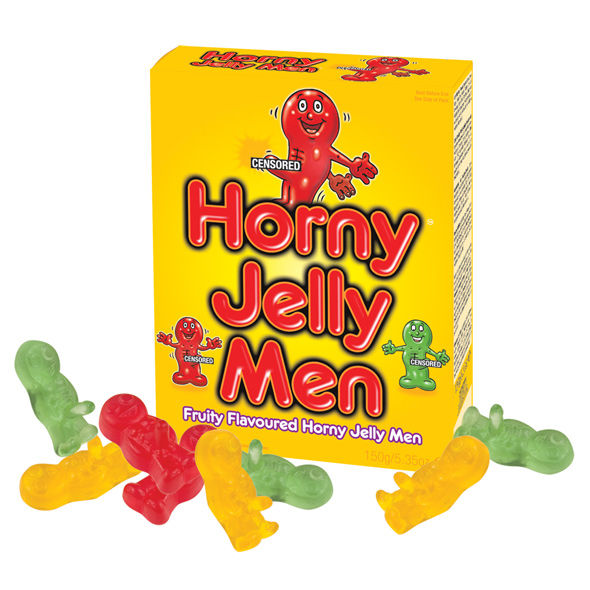 Spencer & Fleetwood Sexy Jelly Men – gelbe Verpackung mit auffälligem rotem Schriftzug und mehreren bunten Fruchtgummi-Männchen, die vor und neben der Verpackung auf weißem Hintergrund liegen – erhältlich bei Evoria Care