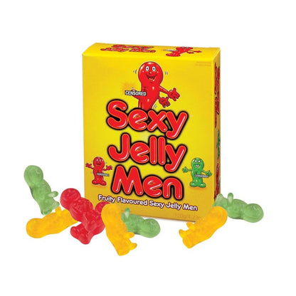Spencer & Fleetwood Sexy Jelly Men – bunte Fruchtgummi-Figuren in verschiedenen Farben zusammen mit der gelben Originalverpackung und roter Produktbeschriftung in einer weiteren Produktdarstellung – erhältlich bei Evoria Care