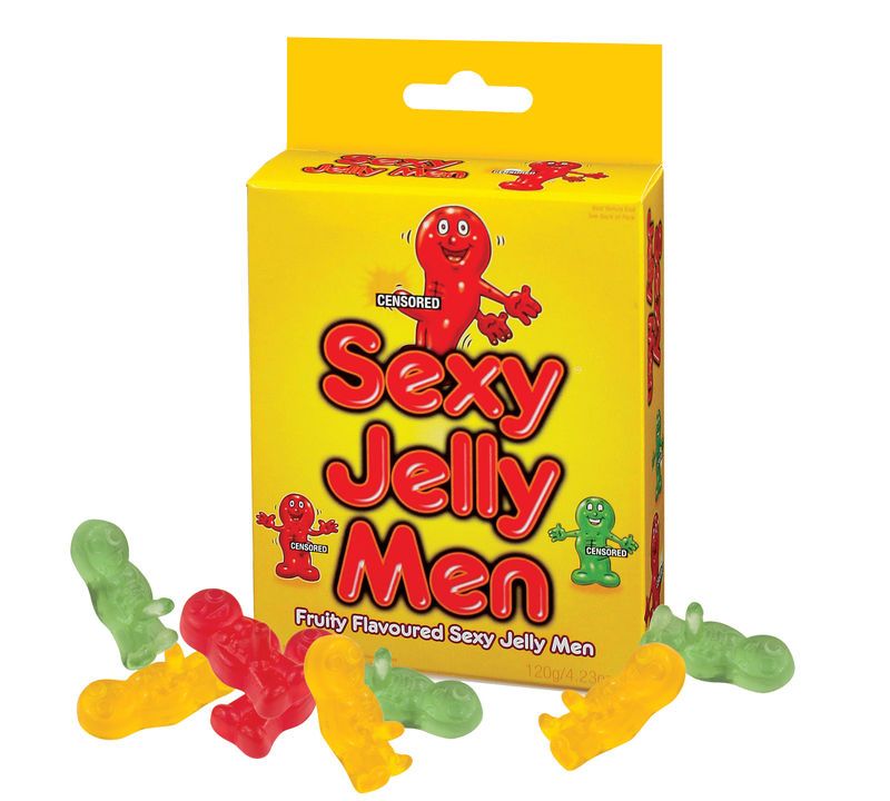 Spencer & Fleetwood Sexy Jelly Men – gelbe Originalverpackung mit rotem Sexy Jelly Men Schriftzug und bunten Fruchtgummi-Männchen in Rot, Grün, Gelb und Orange, als humorvolle Süßigkeit für Erwachsenenpartys – erhältlich bei Evoria Care