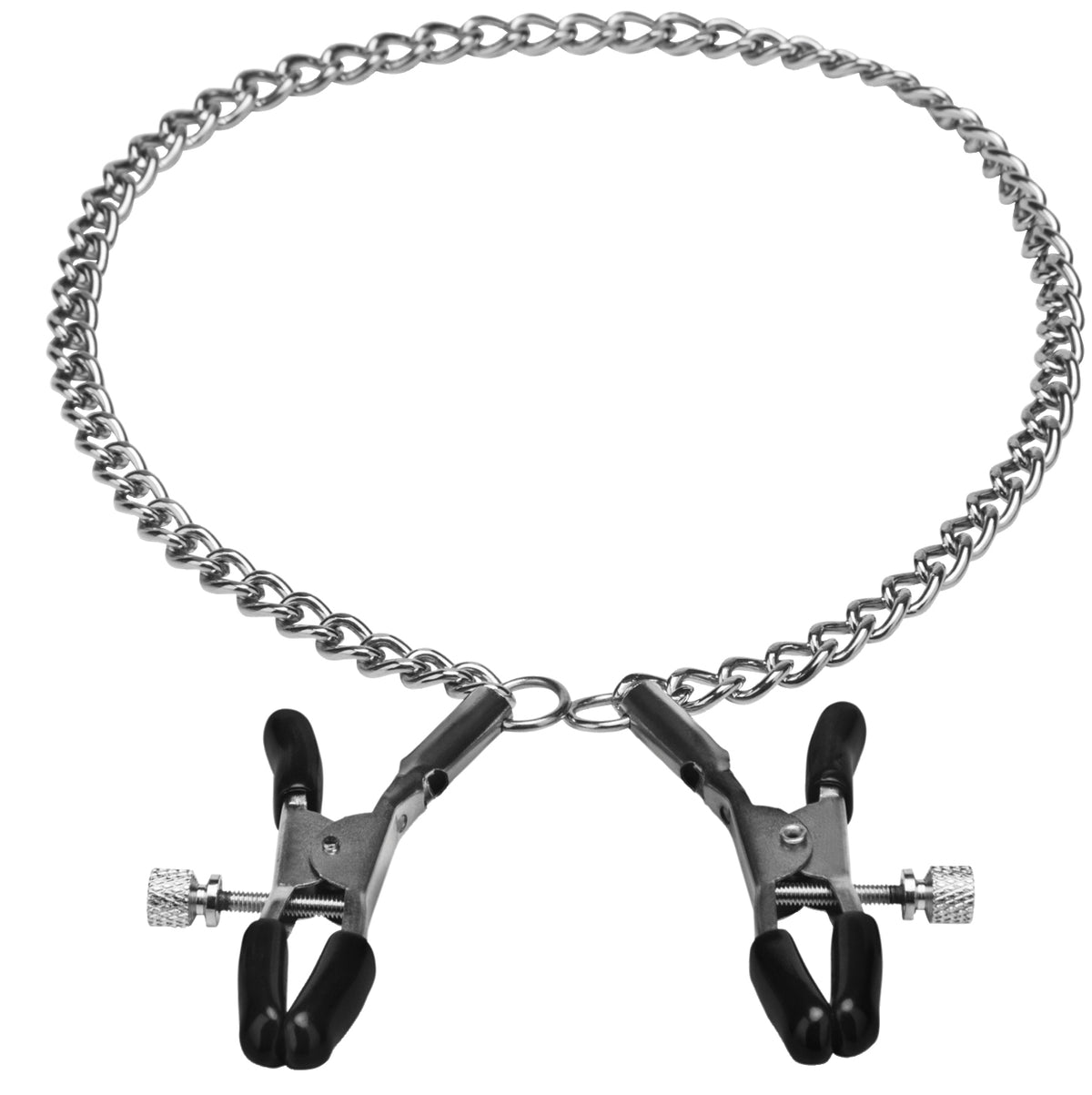 STEAMY SHADES Adjustable Alligator Nipple Clamps mit zwei schwarzen Klemmspitzen, silberfarbenen verstellbaren Schraubmechanismen und langer dekorativer Metallkette in geschwungener Anordnung auf weißem Hintergrund – erhältlich bei Evoria Care