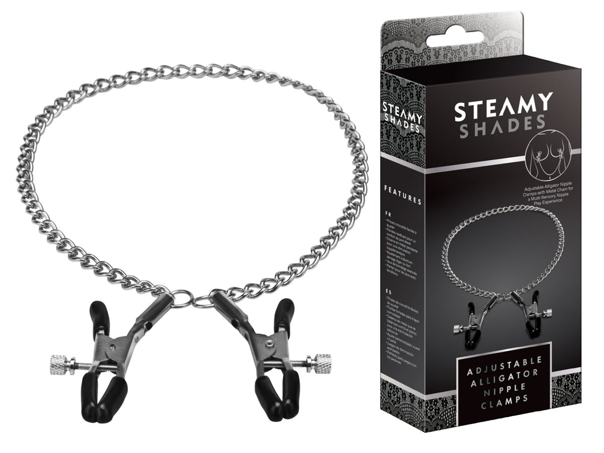 STEAMY SHADES Adjustable Alligator Nipple Clamps mit zwei schwarzen verstellbaren Alligator-Brustwarzenklemmen, silberfarbenen Schraubmechanismen und langer Metallkette, herzförmig angeordnet neben der schwarzen Originalverpackung – erhältlich bei Evoria Care