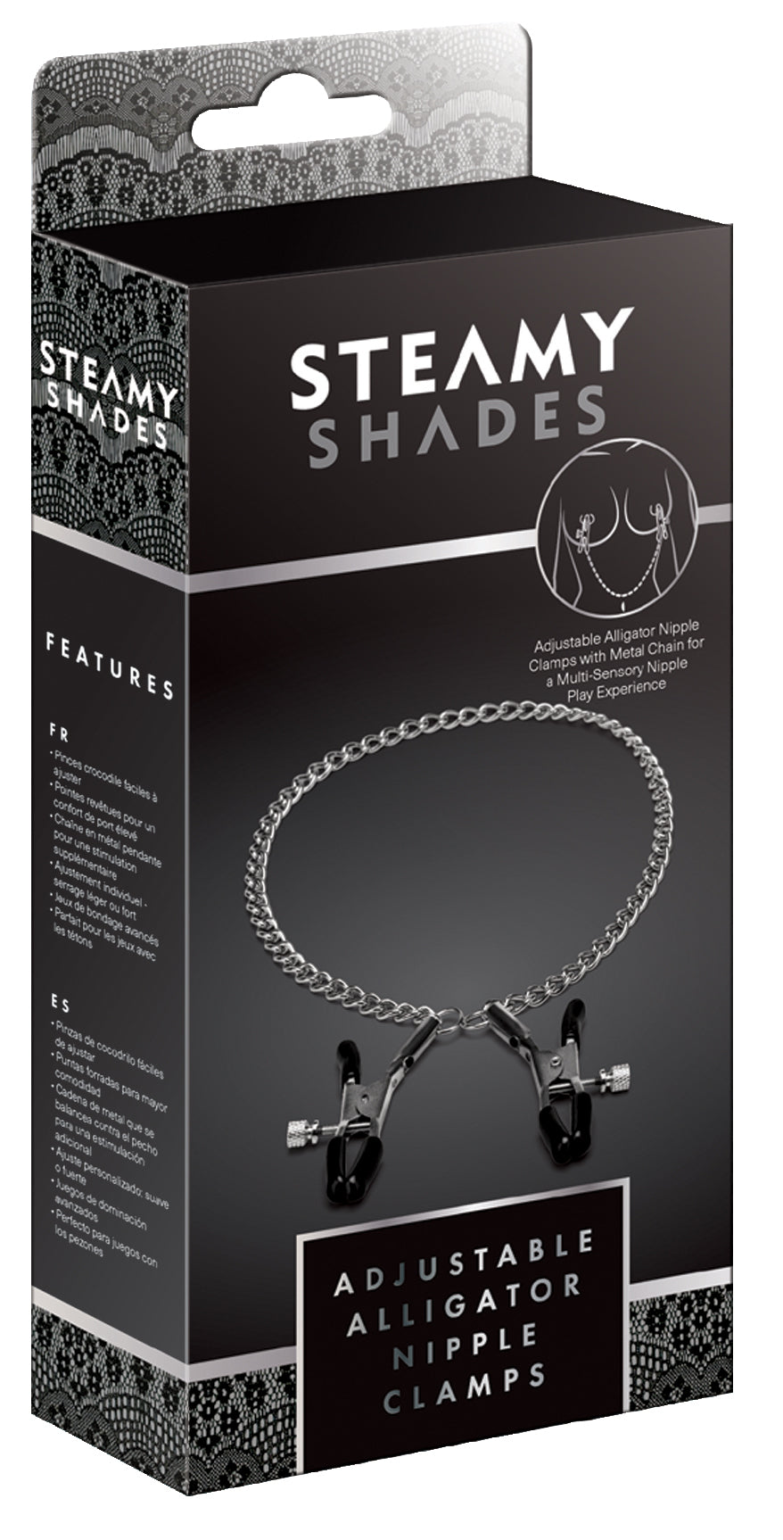 STEAMY SHADES Adjustable Alligator Nipple Clamps in schwarzer Originalverpackung mit Abbildung der verstellbaren Brustwarzenklemmen, silberfarbenen Verbindungskette und STEAMY SHADES Markenlogo – erhältlich bei Evoria Care