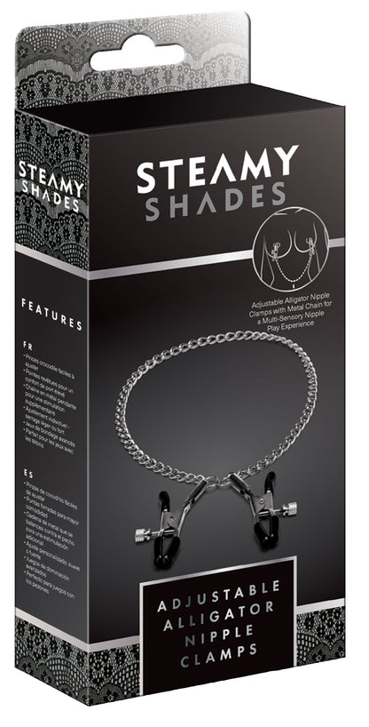 STEAMY SHADES Adjustable Alligator Nipple Clamps in schwarzer Originalverpackung mit Abbildung der verstellbaren Brustwarzenklemmen, silberfarbenen Verbindungskette und STEAMY SHADES Markenlogo – erhältlich bei Evoria Care