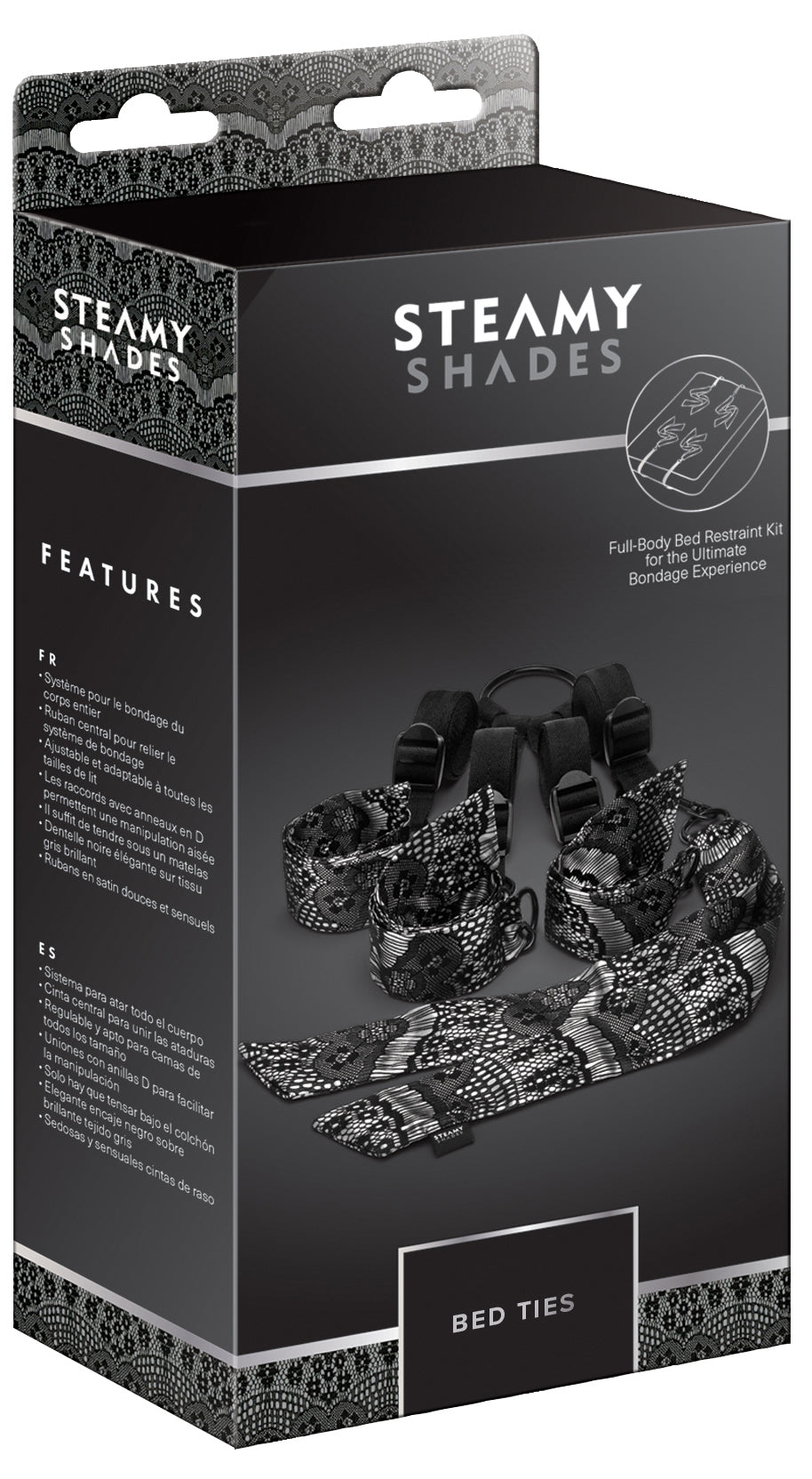STEAMY SHADES Bed Ties verstellbares Unterbett-Fesselsystem in schwarzer Originalverpackung mit Abbildung der Fesselmanschetten, Gurte und Verbindungselemente sowie STEAMY SHADES Markenlogo – erhältlich bei Evoria Care
