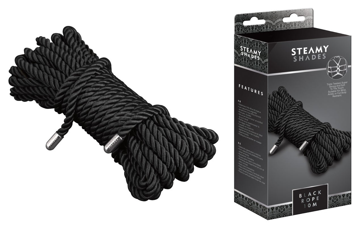 STEAMY SHADES Black Rope Shibari-Fesselseil in Schwarz mit geflochtener Seilstruktur, mehrfach zu einem kompakten Bündel gelegt und neben der schwarzen Originalverpackung dargestellt – erhältlich bei Evoria Care