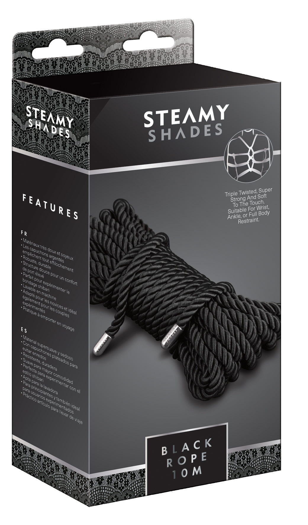 STEAMY SHADES Black Rope schwarzes Shibari-Fesselseil in schwarzer Originalverpackung mit Abbildung des gebündelten Fesselseils und STEAMY SHADES Markenlogo in frontaler Ansicht – erhältlich bei Evoria Care