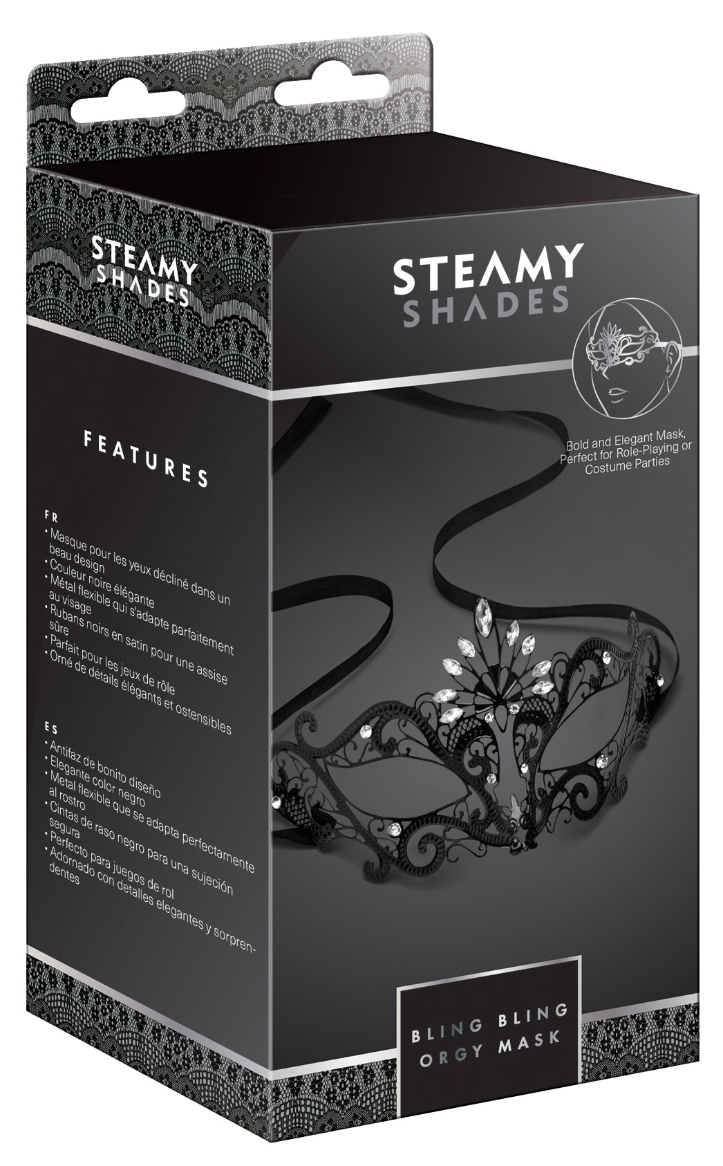 STEAMY SHADES Bling Bling Orgi Mask Augenmaske in schwarzer Originalverpackung mit Abbildung der schwarz-silberfarbenen Schmuckmaske und STEAMY SHADES Markenlogo in frontaler Ansicht – erhältlich bei Evoria Care