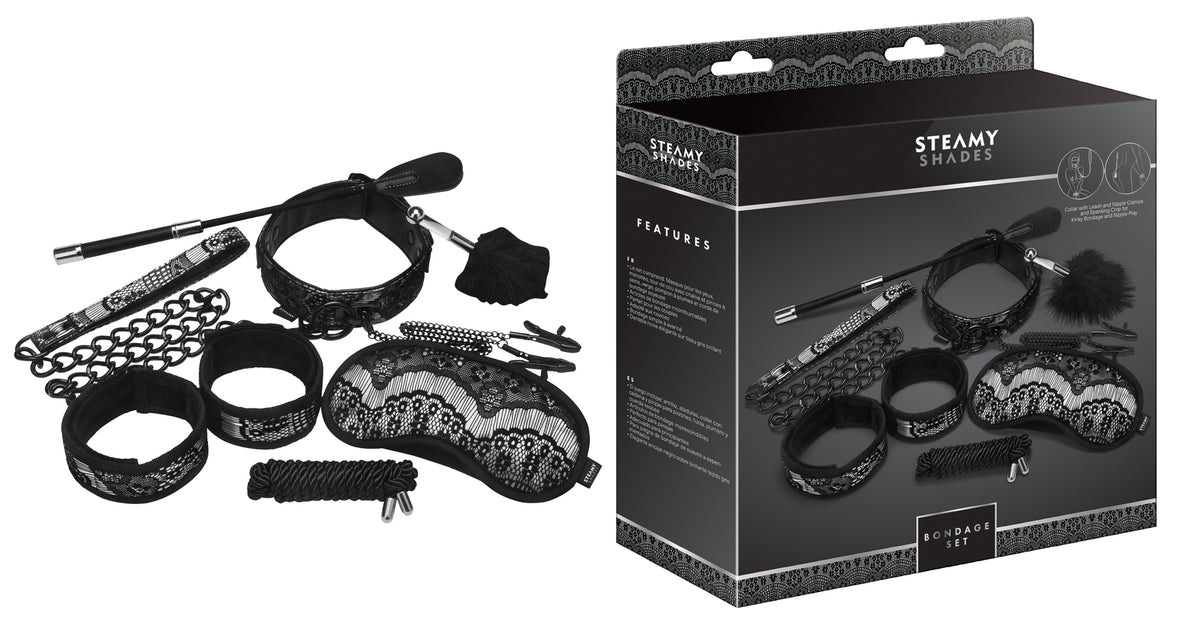 STEAMY SHADES Bondage Set sechsteiliges Fesselset für Paare in Schwarz mit Manschetten, verstellbaren Riemen und verschiedenen Fesselaccessoires, dargestellt neben der schwarzen Originalverpackung – erhältlich bei Evoria Care