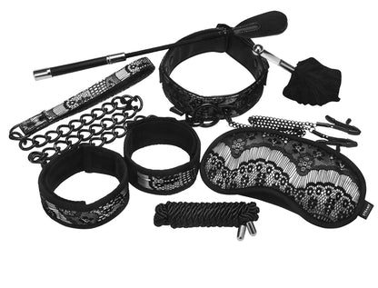 STEAMY SHADES Bondage Set sechsteiliges Fesselset für Paare in Schwarz mit verschiedenen Manschetten, verstellbaren Gurten und Verbindungselementen in freigestellter Gesamtansicht auf weißem Hintergrund – erhältlich bei Evoria Care