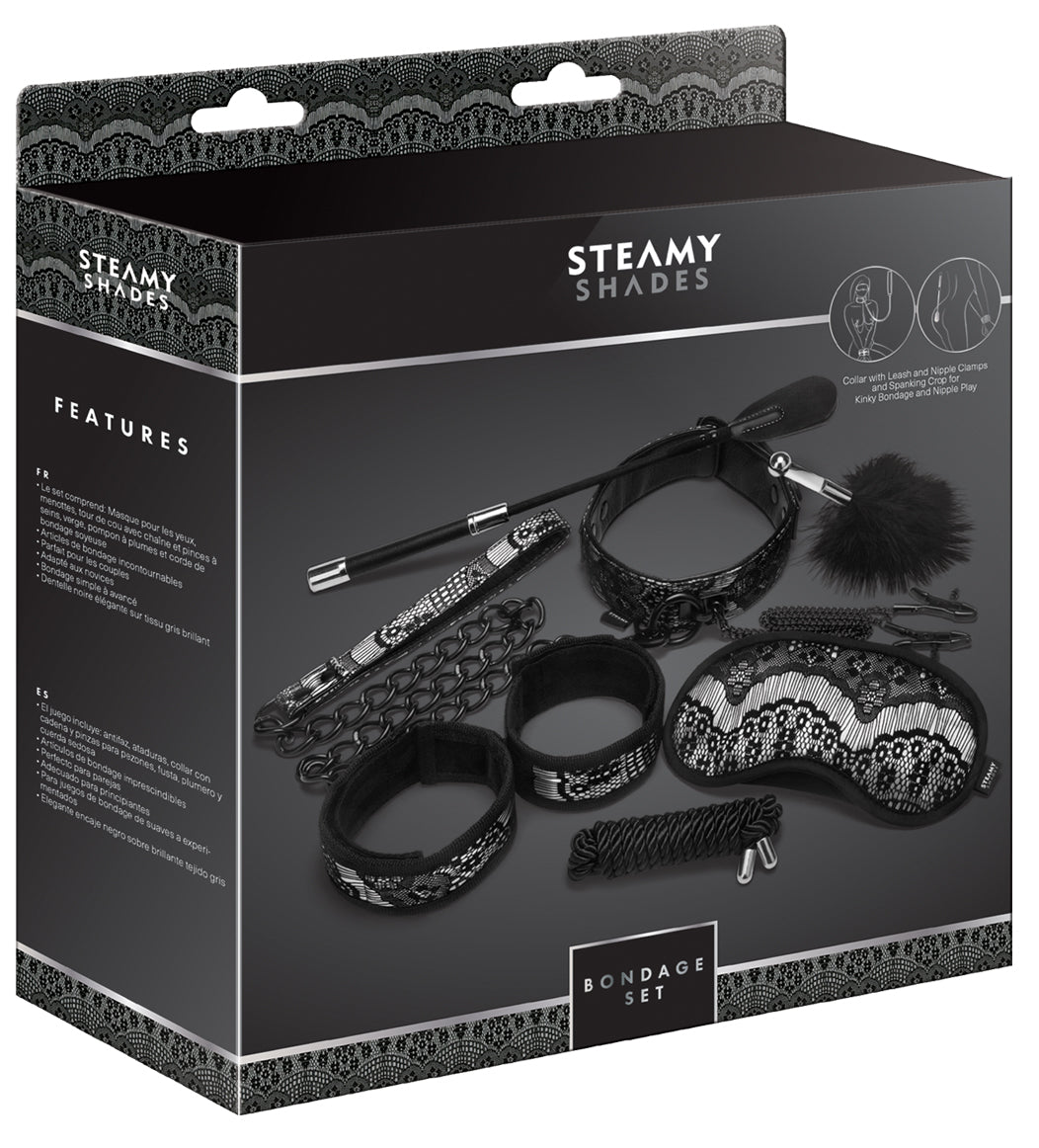STEAMY SHADES Bondage Set sechsteiliges Fesselset für Paare in schwarzer Originalverpackung mit Abbildungen der enthaltenen Fesselaccessoires und STEAMY SHADES Markenlogo – erhältlich bei Evoria Care