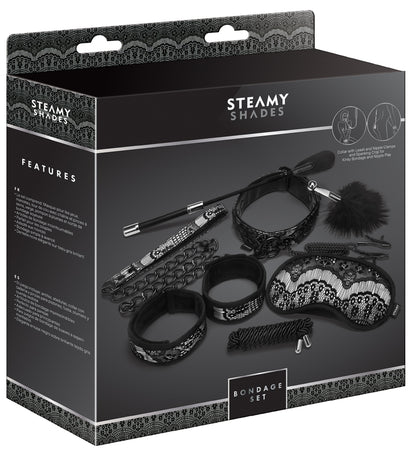 STEAMY SHADES Bondage Set sechsteiliges Fesselset für Paare in schwarzer Originalverpackung mit Abbildungen der enthaltenen Fesselaccessoires und STEAMY SHADES Markenlogo – erhältlich bei Evoria Care