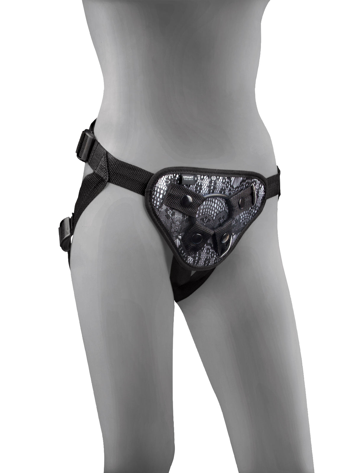 STEAMY SHADES Classic Harness schwarzer verstellbarer Strap-on Harness mit gemusterter Frontpartie, zentralem Befestigungsring und verstellbaren Gurten, an einer grauen Schaufensterpuppe in frontaler Trageansicht – erhältlich bei Evoria Care