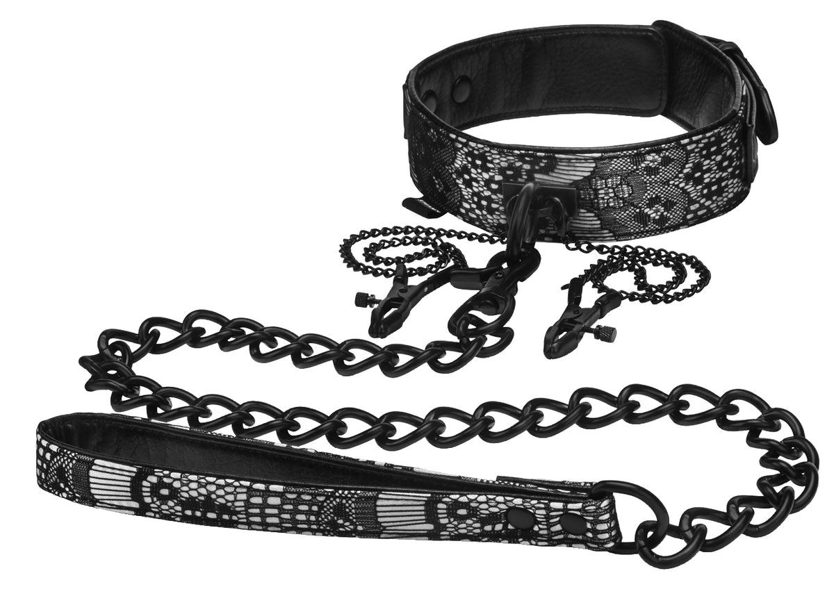 STEAMY SHADES Collar with Leash & Nipple Clamps Halsband-Set in Schwarz und Silber mit verstellbarem Halsband, Metallring, langer Verbindungskette und Nippelklemmen in freigestellter Gesamtansicht auf weißem Hintergrund – erhältlich bei Evoria Care