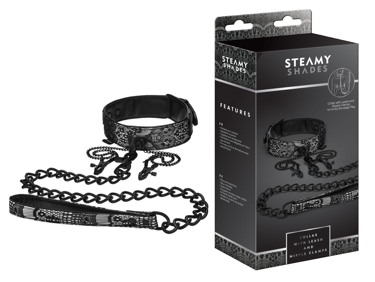 STEAMY SHADES Collar with Leash & Nipple Clamps schwarzes Halsband-Set mit verstellbarem Halsband, silberfarbener Metallkette und zwei Nippelklemmen, dargestellt neben der schwarzen Originalverpackung – erhältlich bei Evoria Care