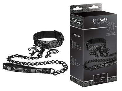STEAMY SHADES Collar with Leash & Nipple Clamps schwarzes Halsband-Set mit verstellbarem Halsband, silberfarbener Metallkette und zwei Nippelklemmen, dargestellt neben der schwarzen Originalverpackung – erhältlich bei Evoria Care